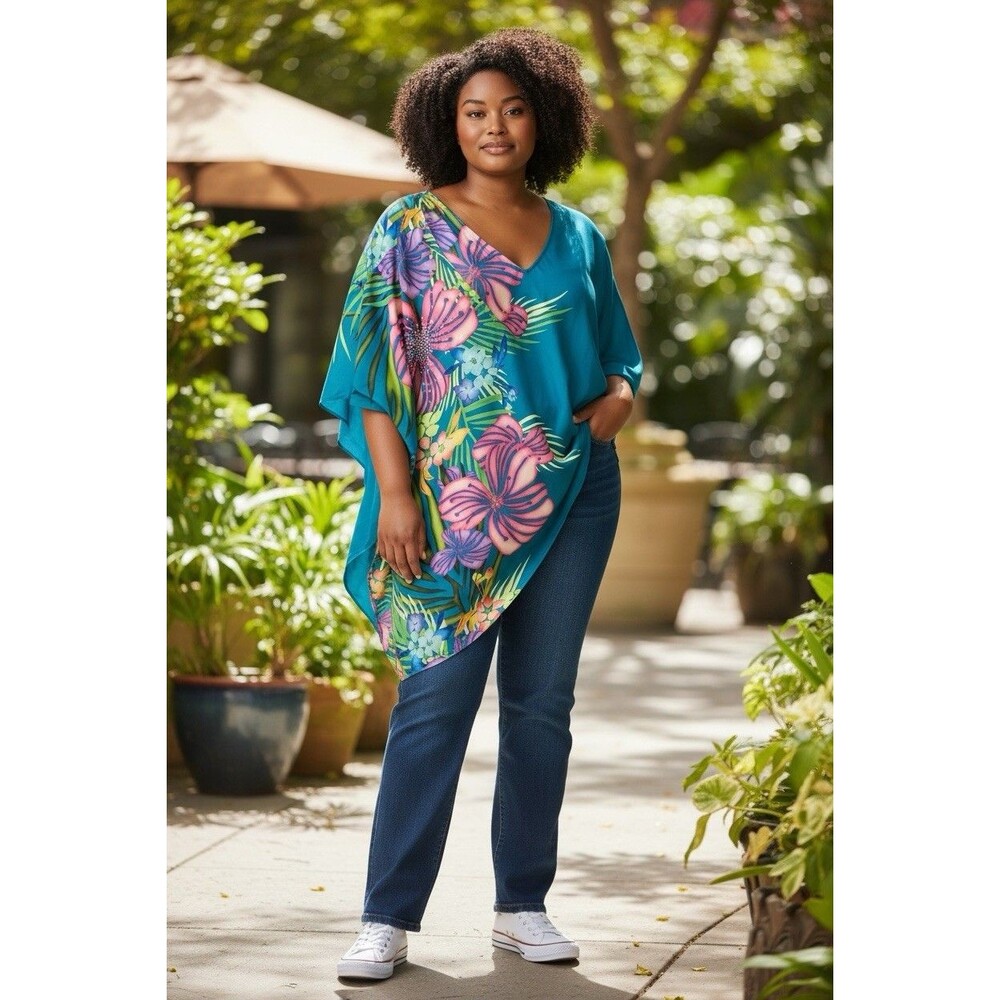 Lane Bryant Kimono Style Studded Women’s Plus Kaftan Blouse Size 26/28 Tropical